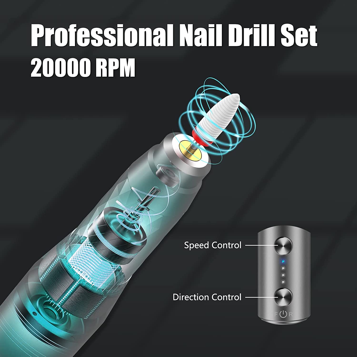 Electric Nail Drill Machine Professional,Cordless Electric Nail File for Acrylic Gel Nails,Efile Manicure and Pedicure Kit for Grinding Polishing Trimming(Gray) - Image 6